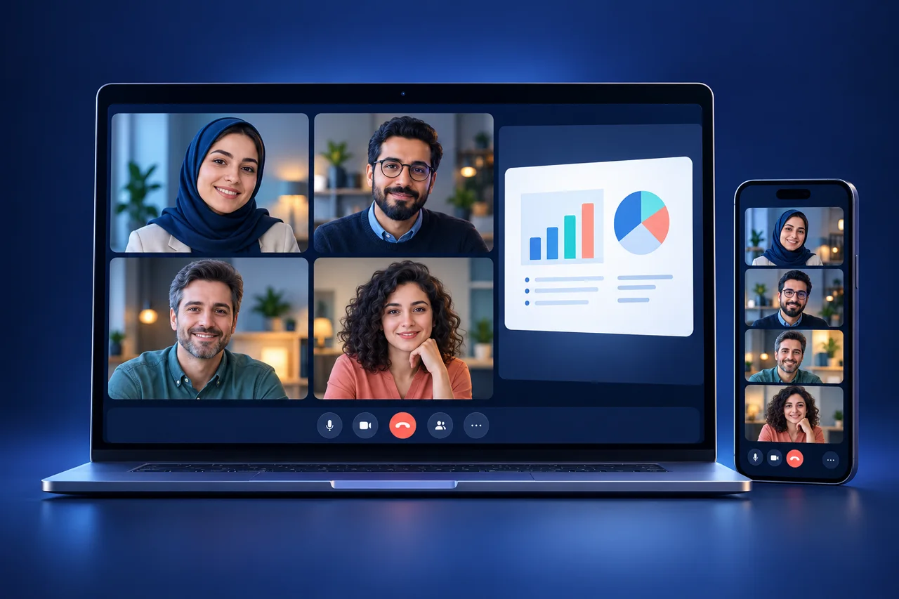 تصویر مفهومی تماس تصویری میتکس روی رایانه و موبایل